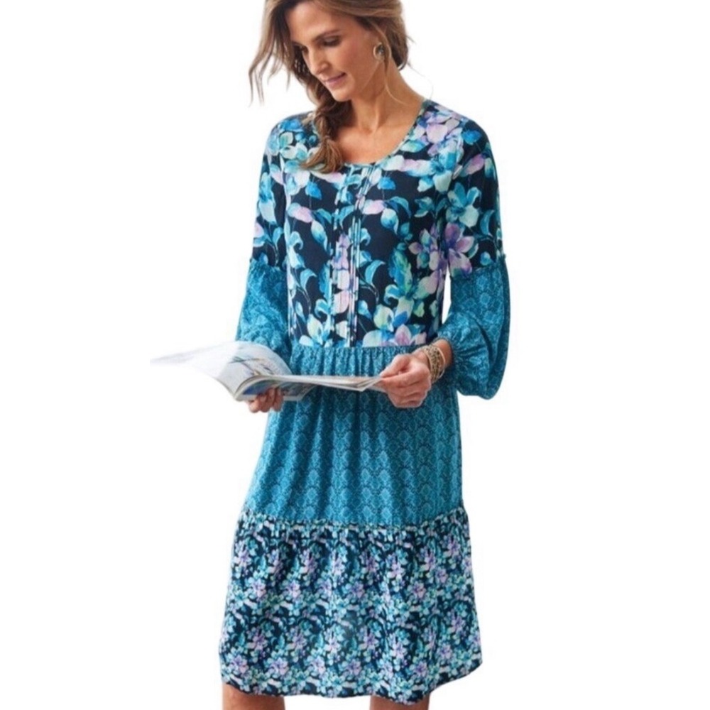 Soft Surroundings Night Bloom Floral Mixed Print Tiered Dress Peasant Flowy Boho